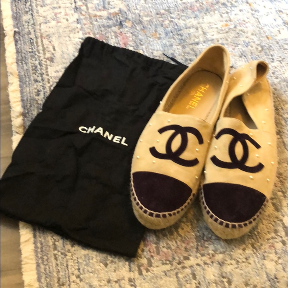 CHANEL purple/pearl studded slip ons. AUTHENTIC.